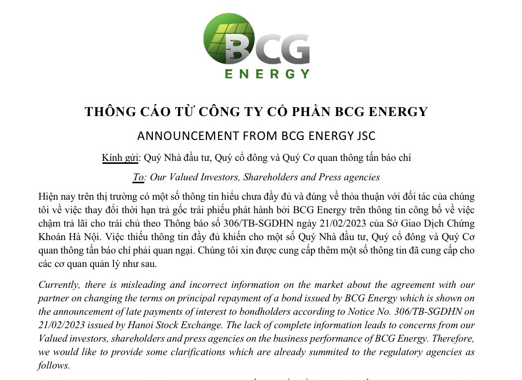 THÔNG CÁO TỪ CÔNG TY CỔ PHẦN BCG ENERGY